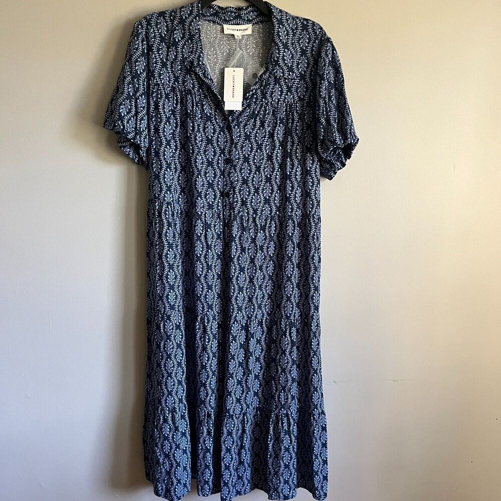 NWT Lucky Brand Tiered Midi Dress "Navy Medallion" Women's XL Boho Peasant